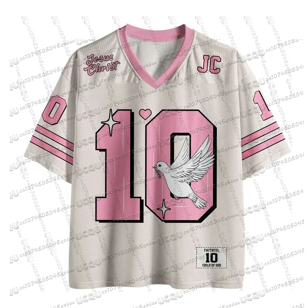 2025 New American God Is Good Christian Mesh Jersey Tshirt V-neck Loose Fashion Hip Hop StreetWear Summer Women's Y2K Casual Top