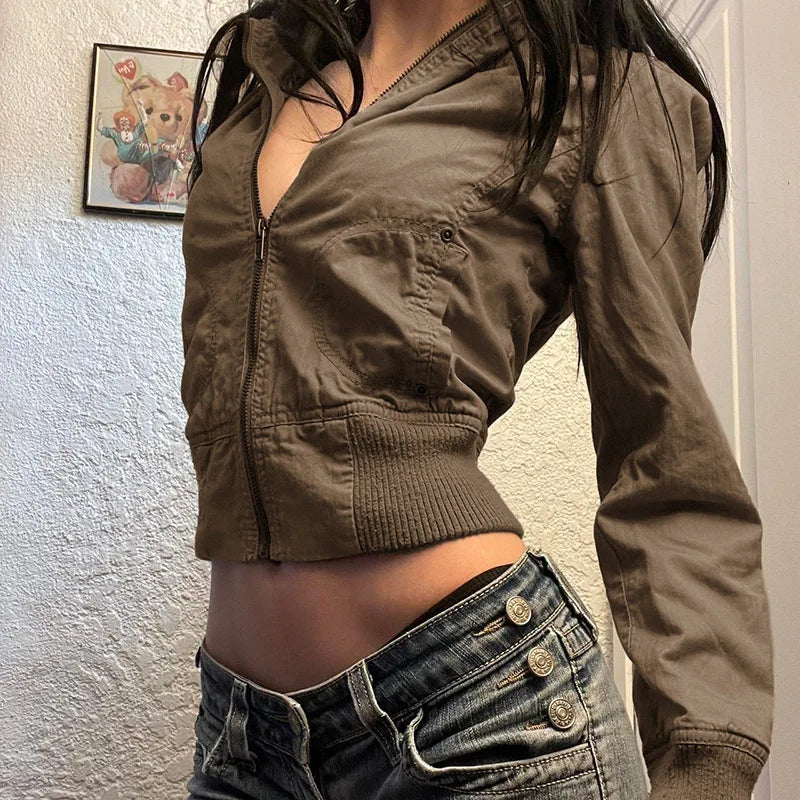 Vintage Cropped Jackets for Women Harajuku Casual Slim Fit Zipper Coat Y2K Streetwear Long Sleeve Outerwear Autumn