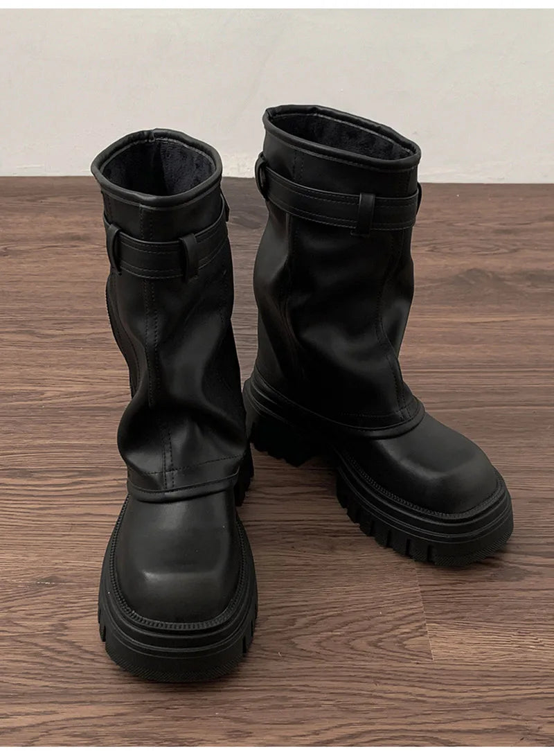 Winter Women Biker Boots Fashion Belt Buckle Ladies Elegant Platform Flats Short Booties Casual Women's Knight Booties