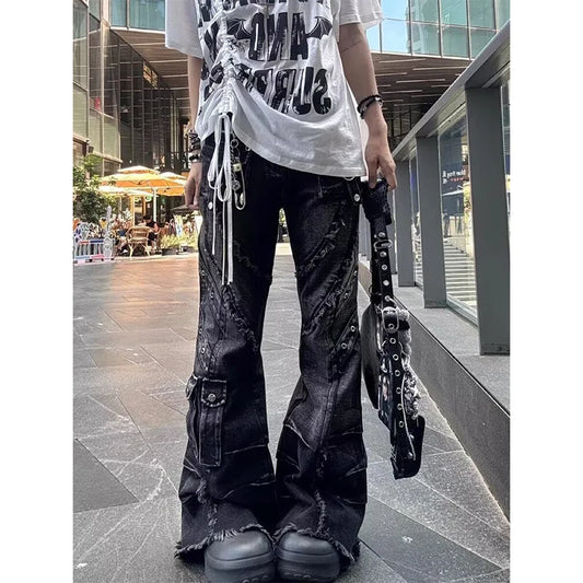 Women's Y2k Baggy Flare Jeans Harajuku Japanese 2000s Style Patchwork Denim Trouser Vintage Oversize Cargo Jeans Pants Clothes