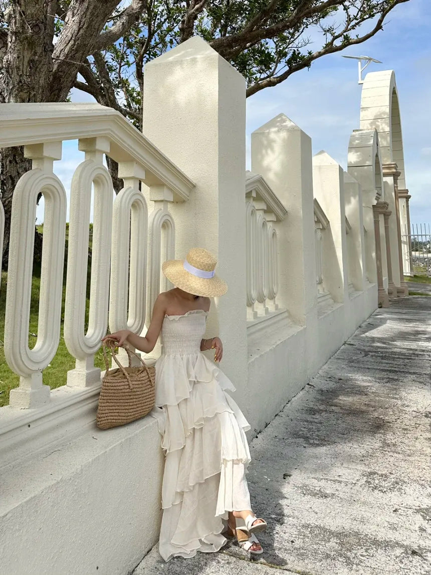 French Style Female Luxurious Strapless Cake Dress Summer Strapless Women Party Dresses Vintage Tiered Wedding Guest Dress 2025