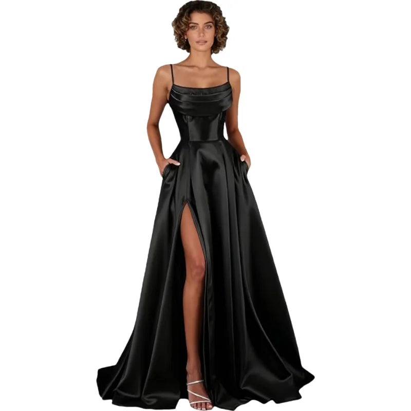 Customized Women's Spaghetti Straps Satin Prom Dresses with Slit Long A Line Formal Dress Evening Party Gowns with Pockets
