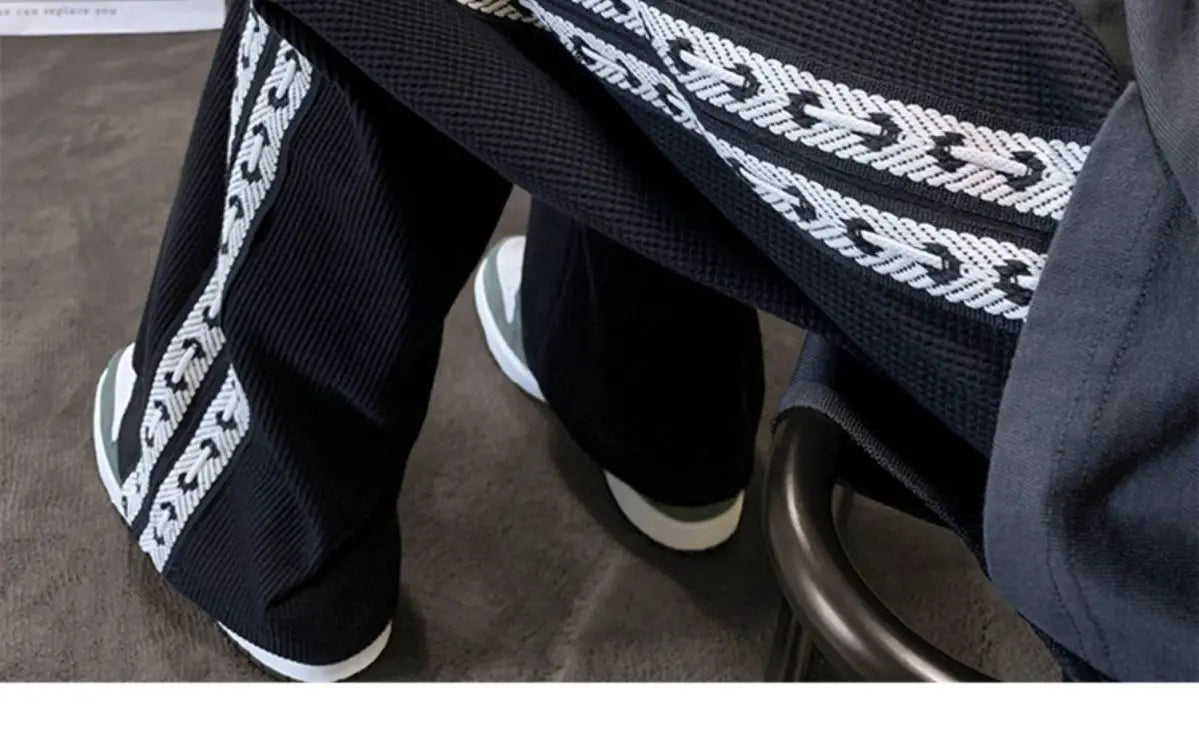 American High Street Waffle Autumn Casual Pants Men Solid Patchwork Print Trendy Fashion Pockets Loose Straight Wide Leg Trouser