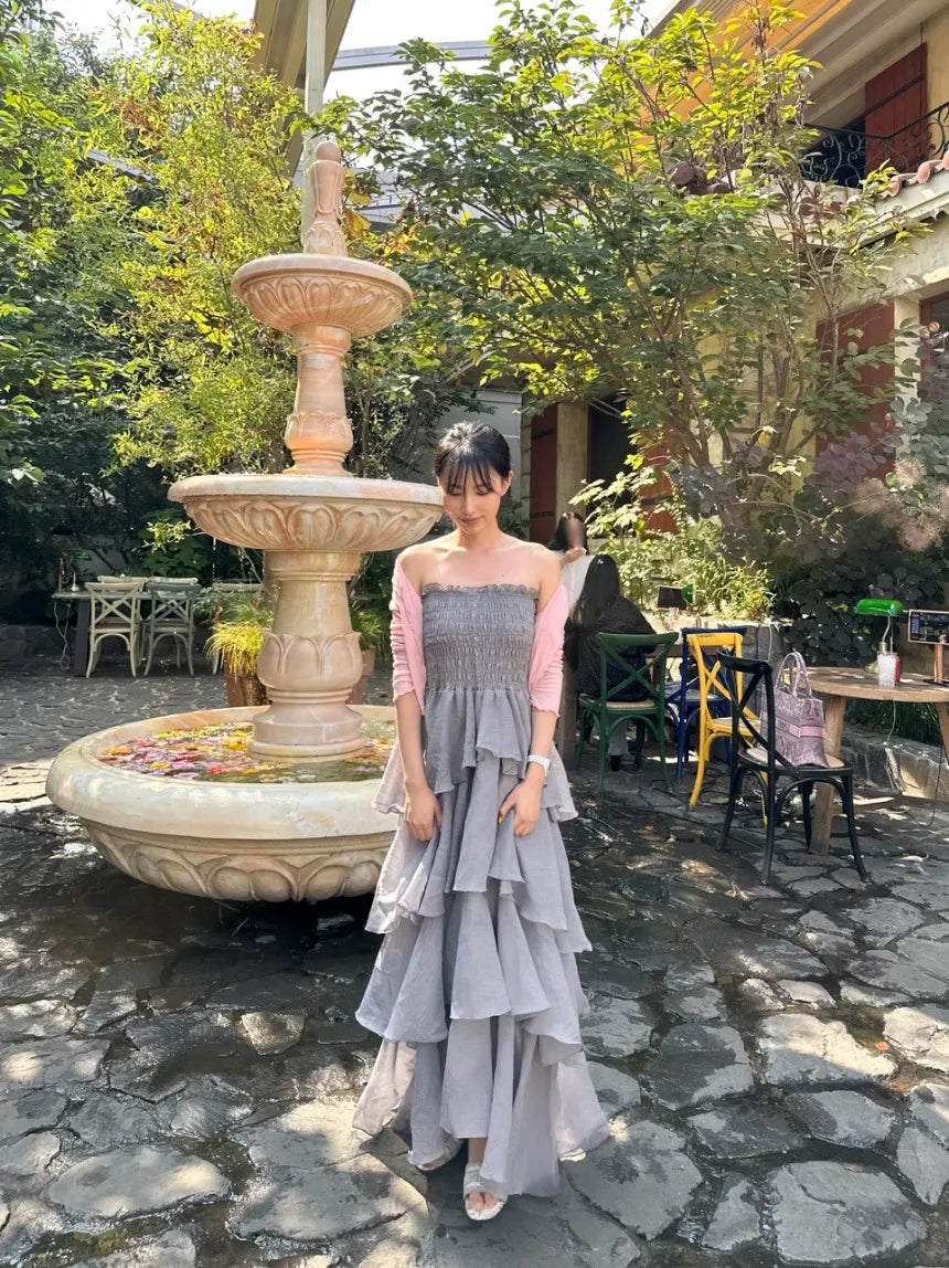 French Style Female Luxurious Strapless Cake Dress Summer Strapless Women Party Dresses Vintage Tiered Wedding Guest Dress 2025