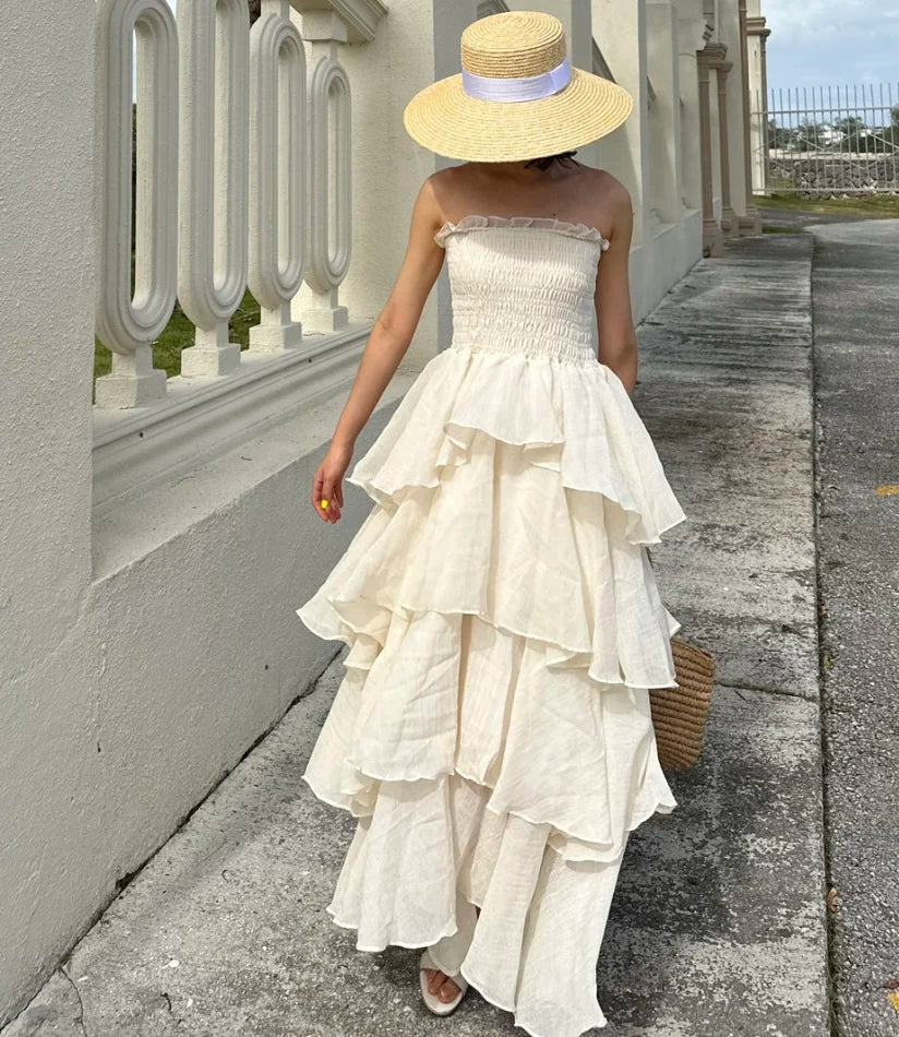 French Style Female Luxurious Strapless Cake Dress Summer Strapless Women Party Dresses Vintage Tiered Wedding Guest Dress 2025