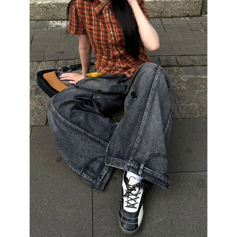 Black Jeans Women Vintage High Waisted Cargo Jeans Straight 2025 Summer Casual Loose Big Size Wide Leg Denim Baggy Pants Y2K