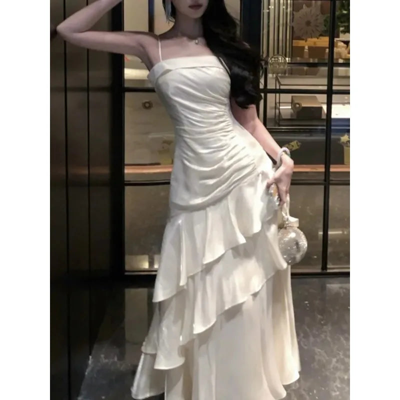 French Elegant Luxury Ruffles Sling Mermaid Dress Prom Gown  Zipper Tierred Shoulder Dresses 2025 Summer Chic New Vestidos