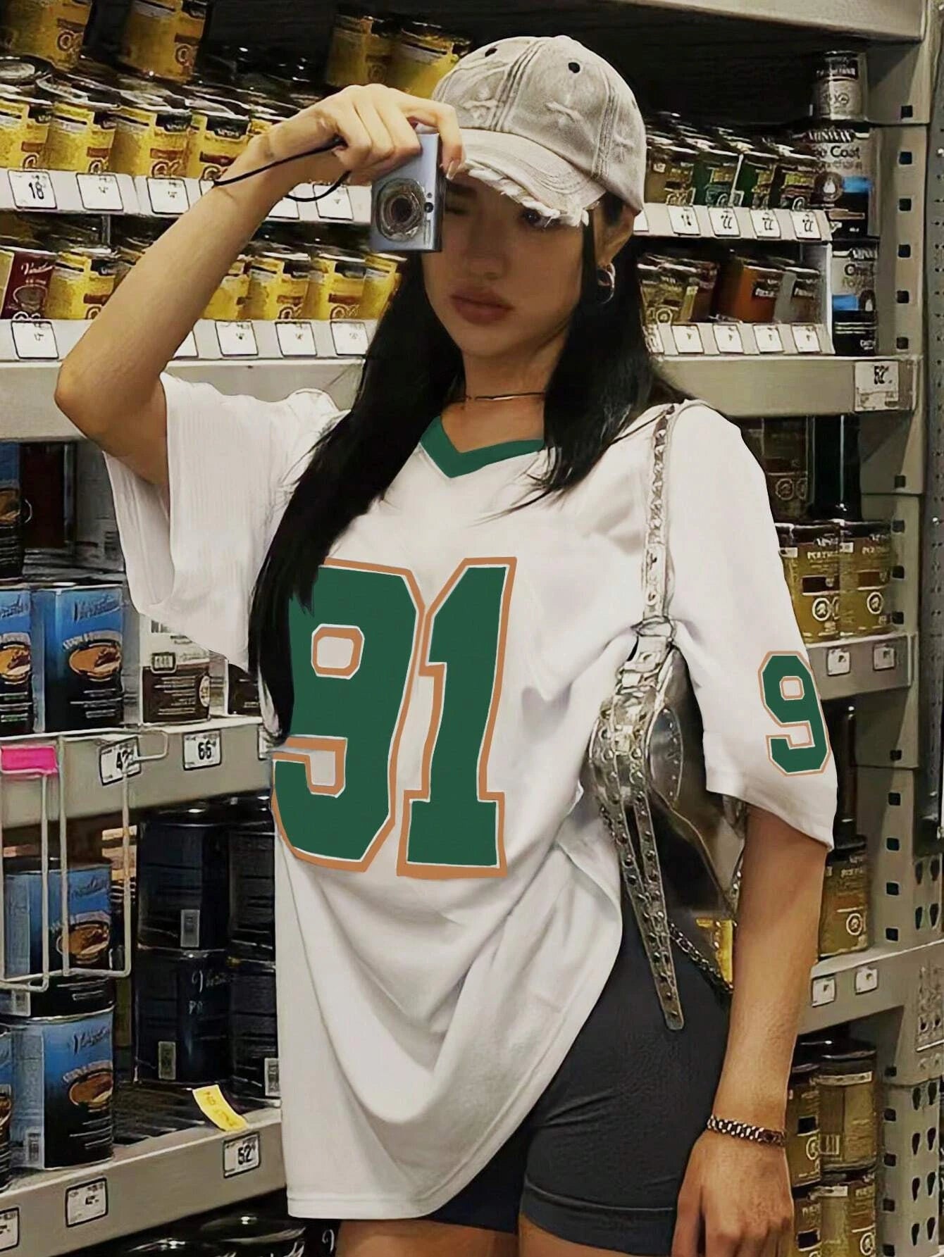 2025 Summer New Retro 91 PrintT-Shirt For Women V-Neck Short Sleeve Sports Football Jersey Y2K Loose Streetwear Tops Women Beach