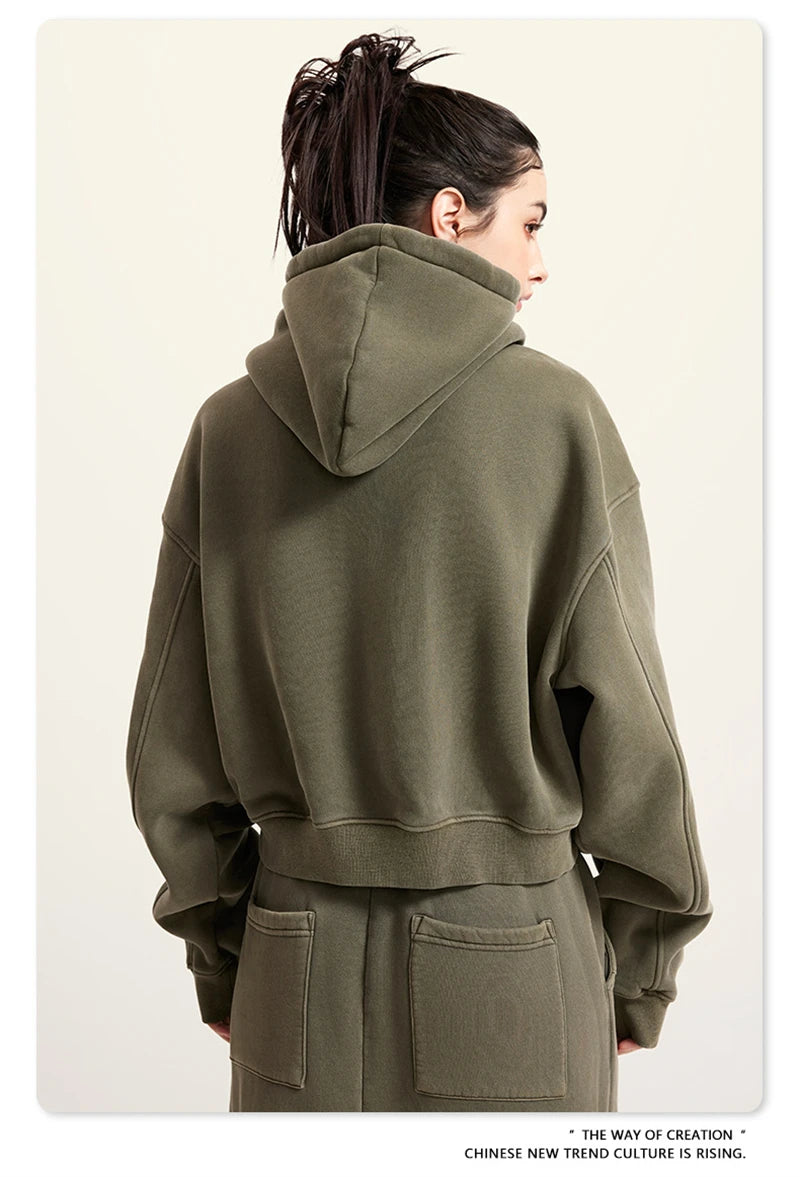 ZODF Retro 2025 Winter Women Short Zipper Hoodies Female Girls Loose 355gsm Thick Fleece Hooded Zip-up Coat Streetwears HY0448