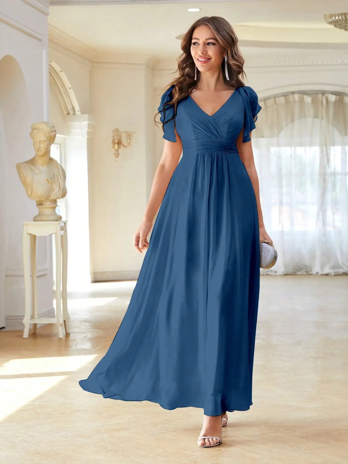 Unithorse Solid Ruffle Trim Chiffon Bridesmaid Dress