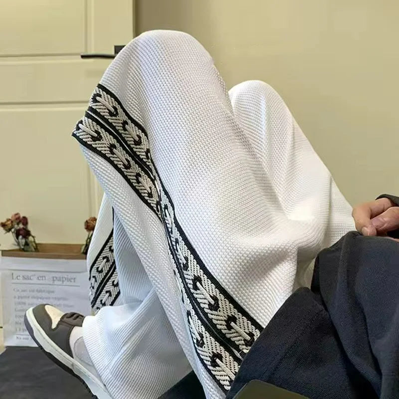 American High Street Waffle Autumn Casual Pants Men Solid Patchwork Print Trendy Fashion Pockets Loose Straight Wide Leg Trouser