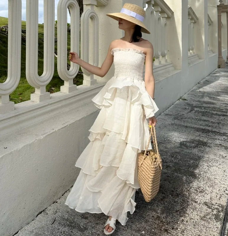 French Style Female Luxurious Strapless Cake Dress Summer Strapless Women Party Dresses Vintage Tiered Wedding Guest Dress 2025