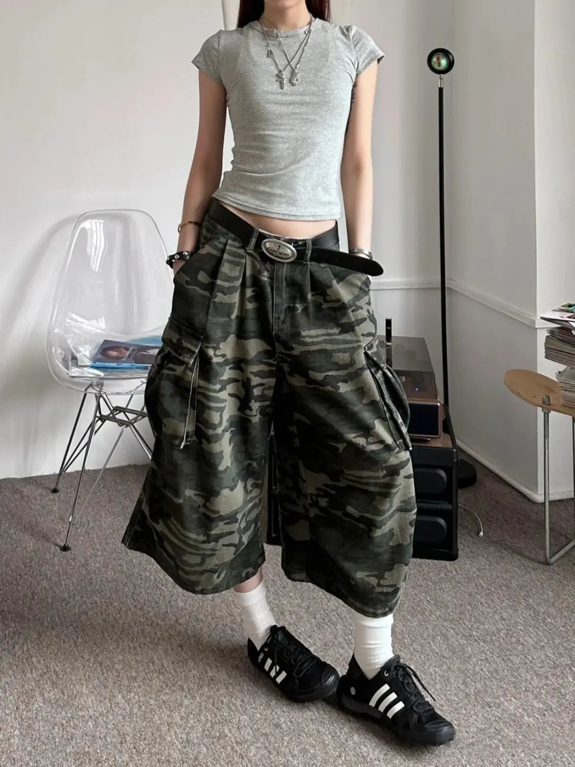American Camouflage Jeans Men's and Women's High Street Loose Straight Leg Casual Versatile Seven-minute Denim Pants Male