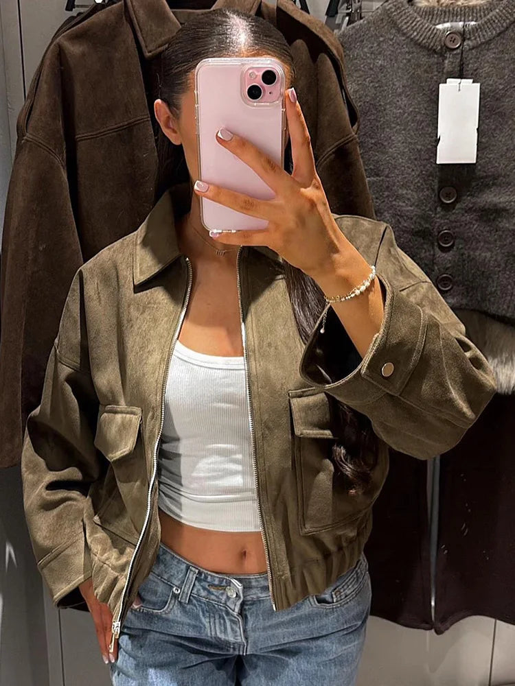 HH Woman Winter Elegant Turn-down Collar Solid Jacket Women Long Sleeve Pocket Decorate Zipper Casual Suede Texture Loose Coat