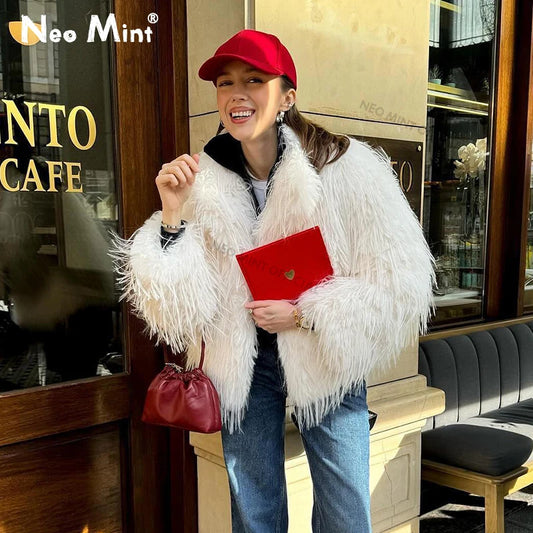 Neo Mint 2024 Winter Fluffy Faux Fur Coat Women Luxury Brand Tassels Furry Turkey Fur Jacket Streetwear Loose Overcoat Outerwear