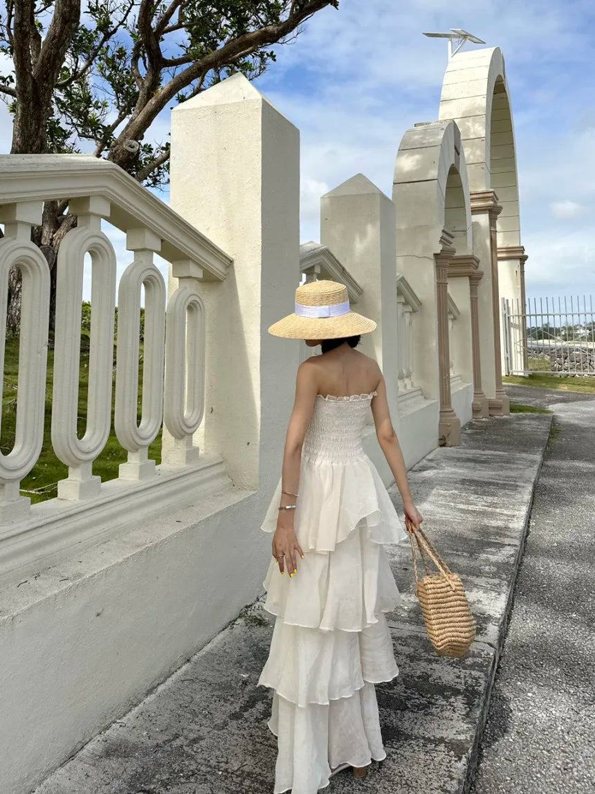 French Style Female Luxurious Strapless Cake Dress Summer Strapless Women Party Dresses Vintage Tiered Wedding Guest Dress 2025