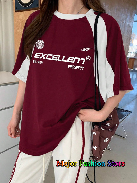 Summer New Letter Printed T-Shirt For Women O-Neck Red Patchwork Short Sleeve Mesh Sports Football Jersey Y2K Oversized Tops