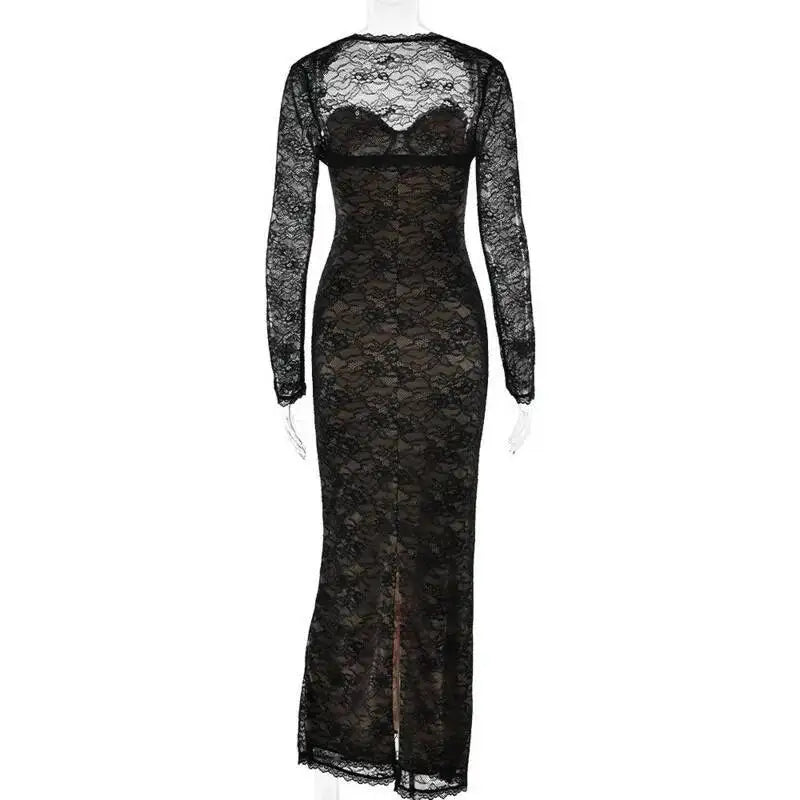 Townlike Lace Slim Bodycon Maxi Long Dress Women 2025 Summer Autumn Winter Dress Nightclub Sexy Party Dresses With Shawl Lining