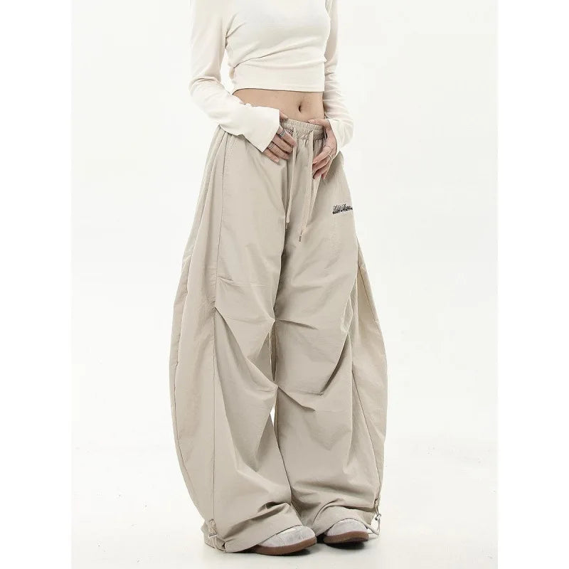 American retro hip-hop street work pants with a high-end feel, pleated umbrella, military workwear, high waisted drawstring pant