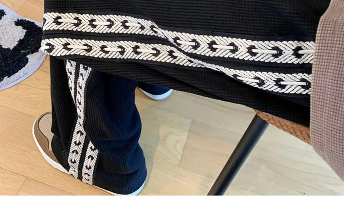 American High Street Waffle Autumn Casual Pants Men Solid Patchwork Print Trendy Fashion Pockets Loose Straight Wide Leg Trouser