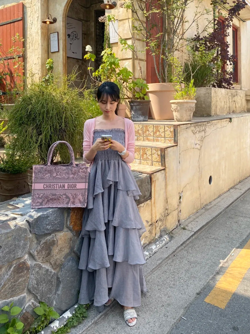 French Style Female Luxurious Strapless Cake Dress Summer Strapless Women Party Dresses Vintage Tiered Wedding Guest Dress 2025