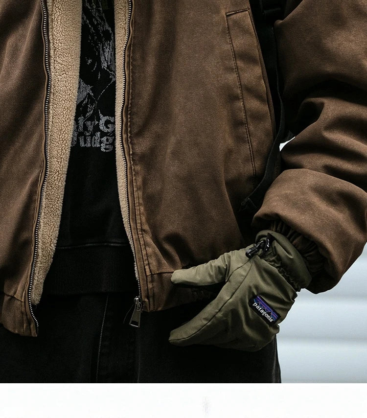 Winter Heavyweight Mens Jacket Japanese Vintage PU Coated Windproof Thick Fleece Lined Warm Distressed Streetwear Long Coat Male