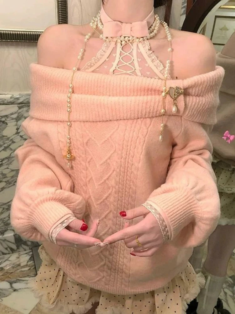 Women Sweet Hot Girl Bow Off-Shoulder Sweater Autumn Winter Elegant Sexy Fashion Knitted Tops Casual Y2k Knitwear Pullover New
