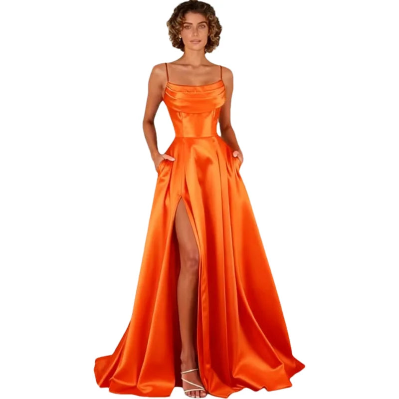 Customized Women's Spaghetti Straps Satin Prom Dresses with Slit Long A Line Formal Dress Evening Party Gowns with Pockets