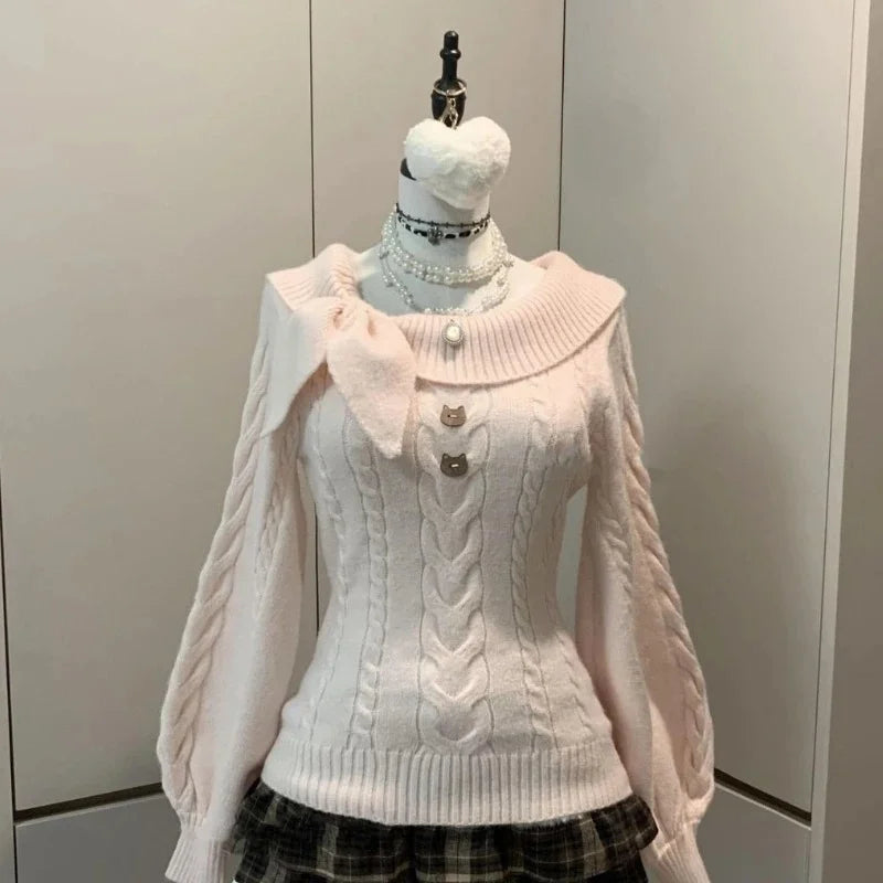 Women Sweet Hot Girl Bow Off-Shoulder Sweater Autumn Winter Elegant Sexy Fashion Knitted Tops Casual Y2k Knitwear Pullover New