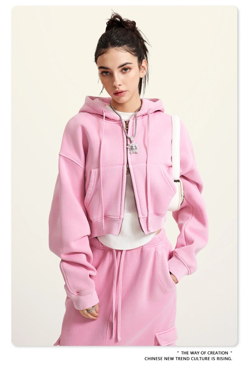 ZODF Retro 2025 Winter Women Short Zipper Hoodies Female Girls Loose 355gsm Thick Fleece Hooded Zip-up Coat Streetwears HY0448