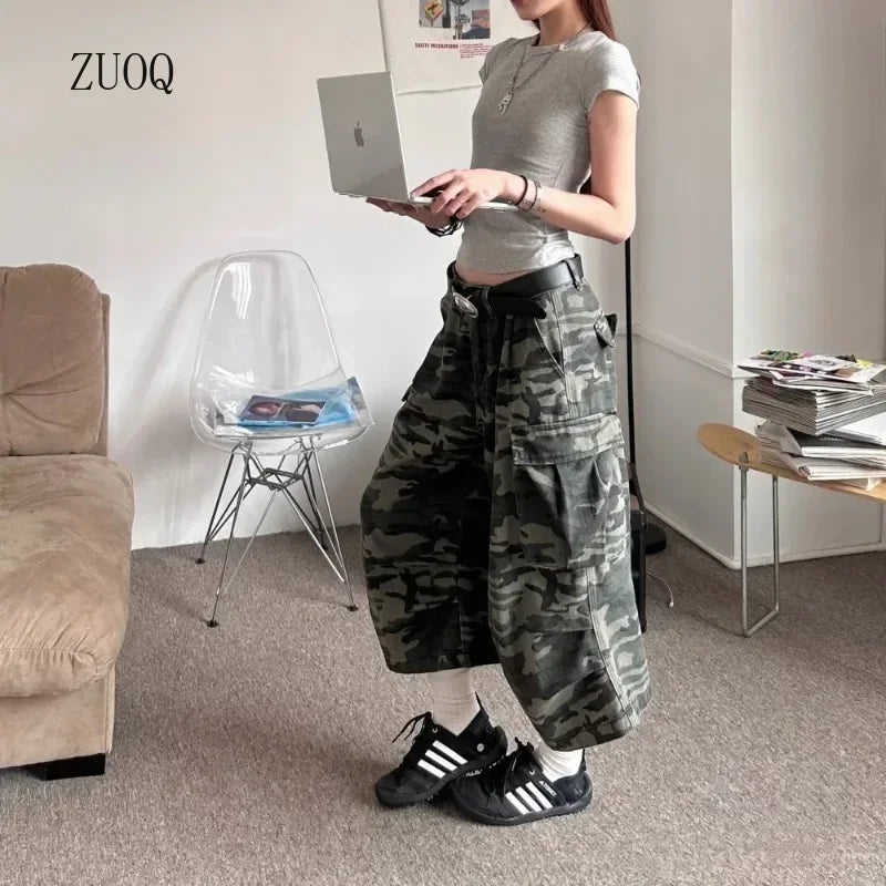 American Camouflage Jeans Men's and Women's High Street Loose Straight Leg Casual Versatile Seven-minute Denim Pants Male