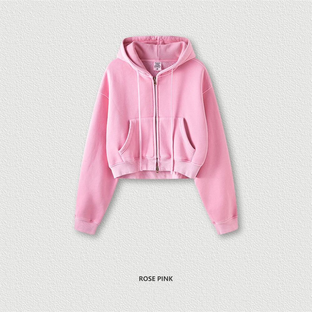 ZODF Retro 2025 Winter Women Short Zipper Hoodies Female Girls Loose 355gsm Thick Fleece Hooded Zip-up Coat Streetwears HY0448