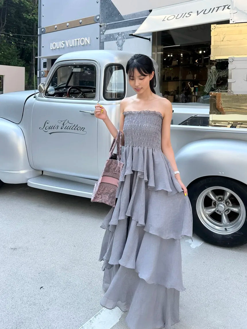 French Style Female Luxurious Strapless Cake Dress Summer Strapless Women Party Dresses Vintage Tiered Wedding Guest Dress 2025