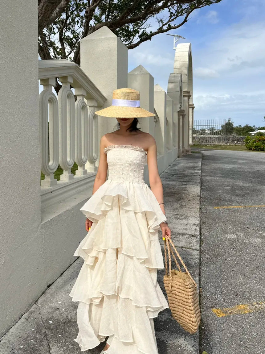 French Style Female Luxurious Strapless Cake Dress Summer Strapless Women Party Dresses Vintage Tiered Wedding Guest Dress 2025