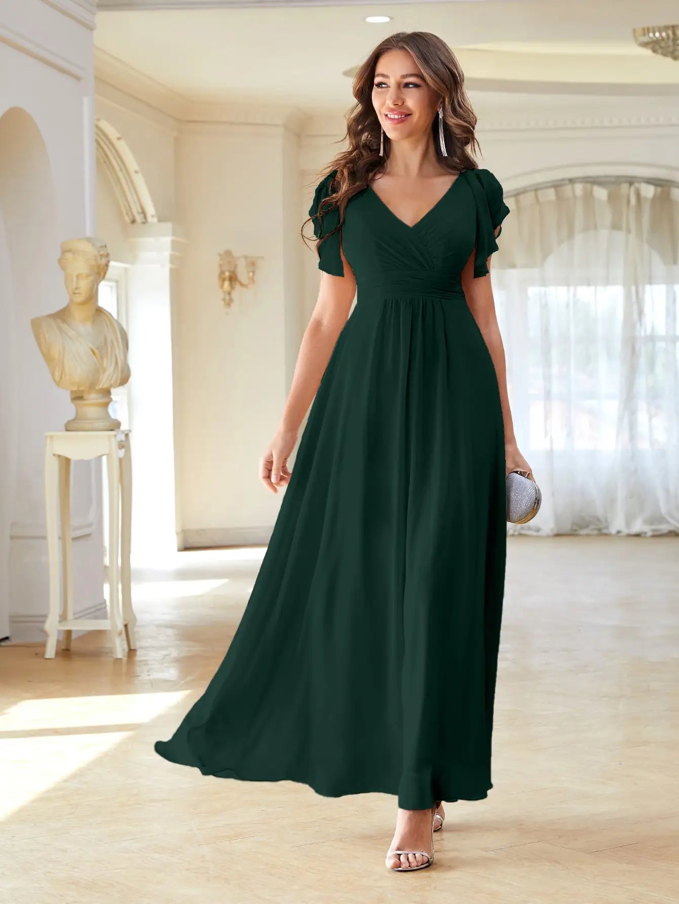 Unithorse Solid Ruffle Trim Chiffon Bridesmaid Dress
