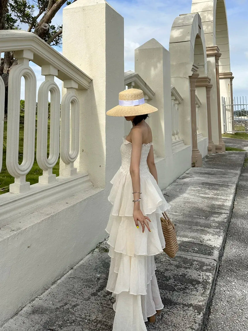 French Style Female Luxurious Strapless Cake Dress Summer Strapless Women Party Dresses Vintage Tiered Wedding Guest Dress 2025