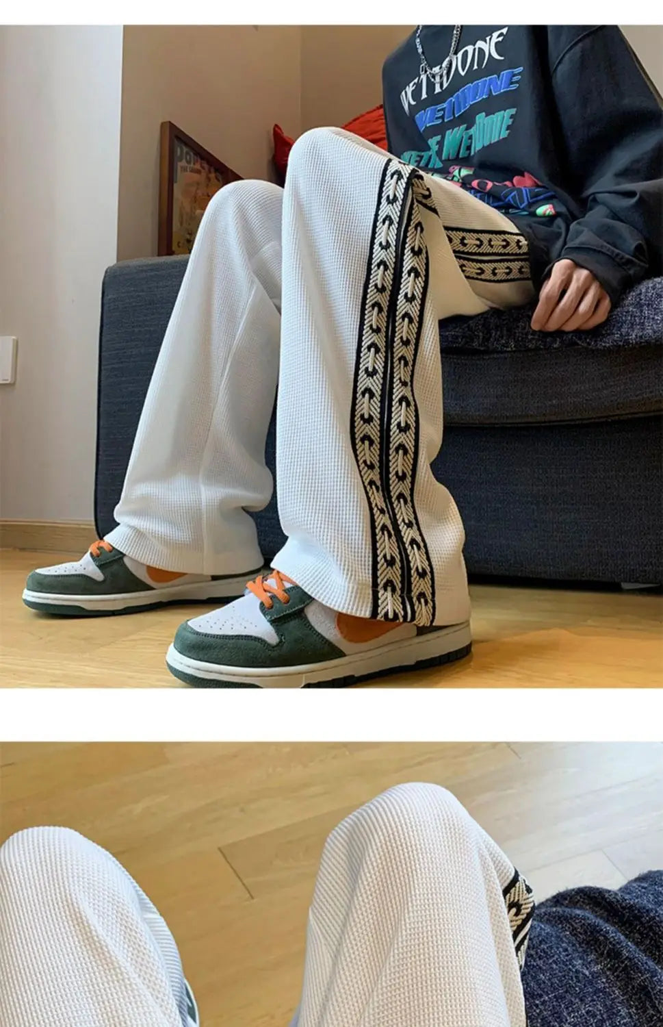 American High Street Waffle Autumn Casual Pants Men Solid Patchwork Print Trendy Fashion Pockets Loose Straight Wide Leg Trouser