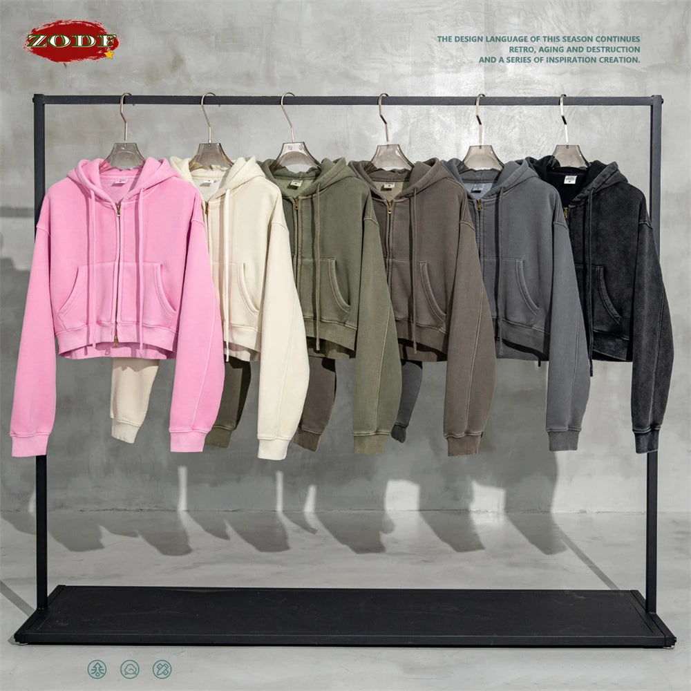 ZODF Retro 2025 Winter Women Short Zipper Hoodies Female Girls Loose 355gsm Thick Fleece Hooded Zip-up Coat Streetwears HY0448