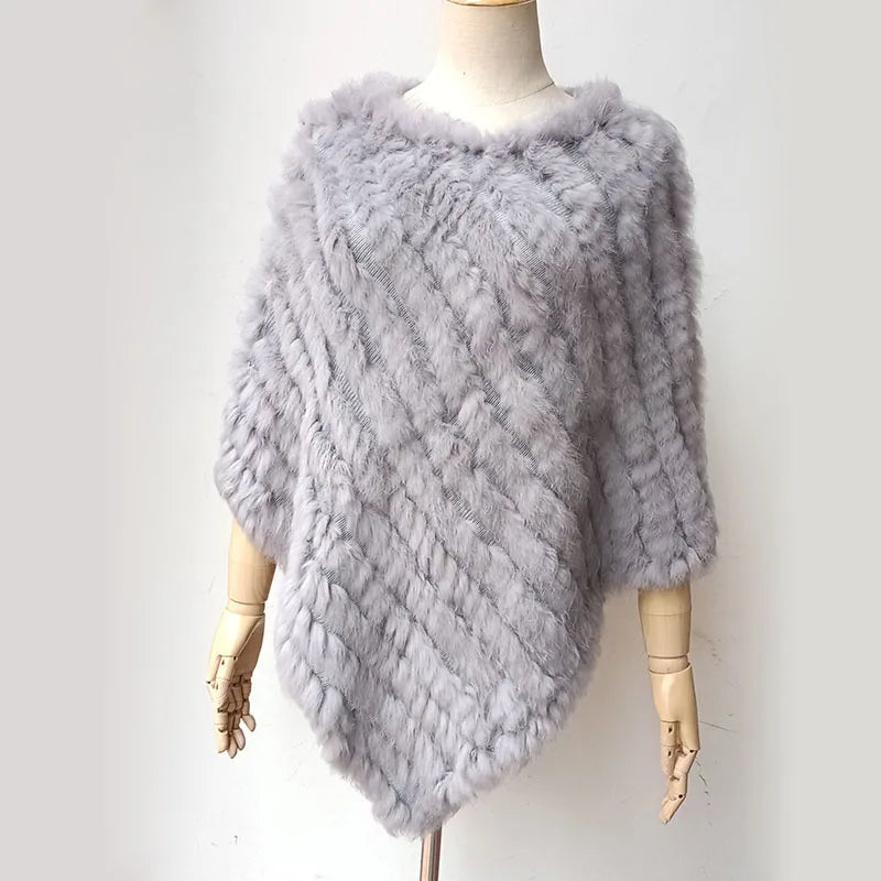 HSPL 2023 Spring Hot Sale Knitted Natural Fur Shawl  Fashion Rabbit Fur Cape Shawl Genuine Rabbit Fur Women Black Fur Poncho
