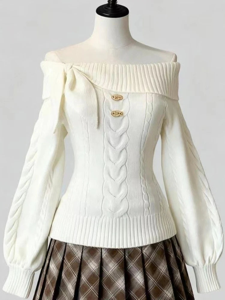 Women Sweet Hot Girl Bow Off-Shoulder Sweater Autumn Winter Elegant Sexy Fashion Knitted Tops Casual Y2k Knitwear Pullover New