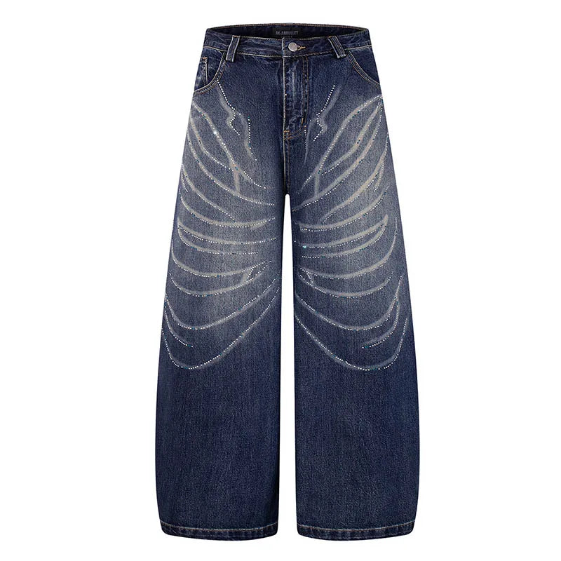 Vintage Drill Printed Hip Hop Jeans Pants Loose Streetwear Casual Denim Trousers For Male Blue