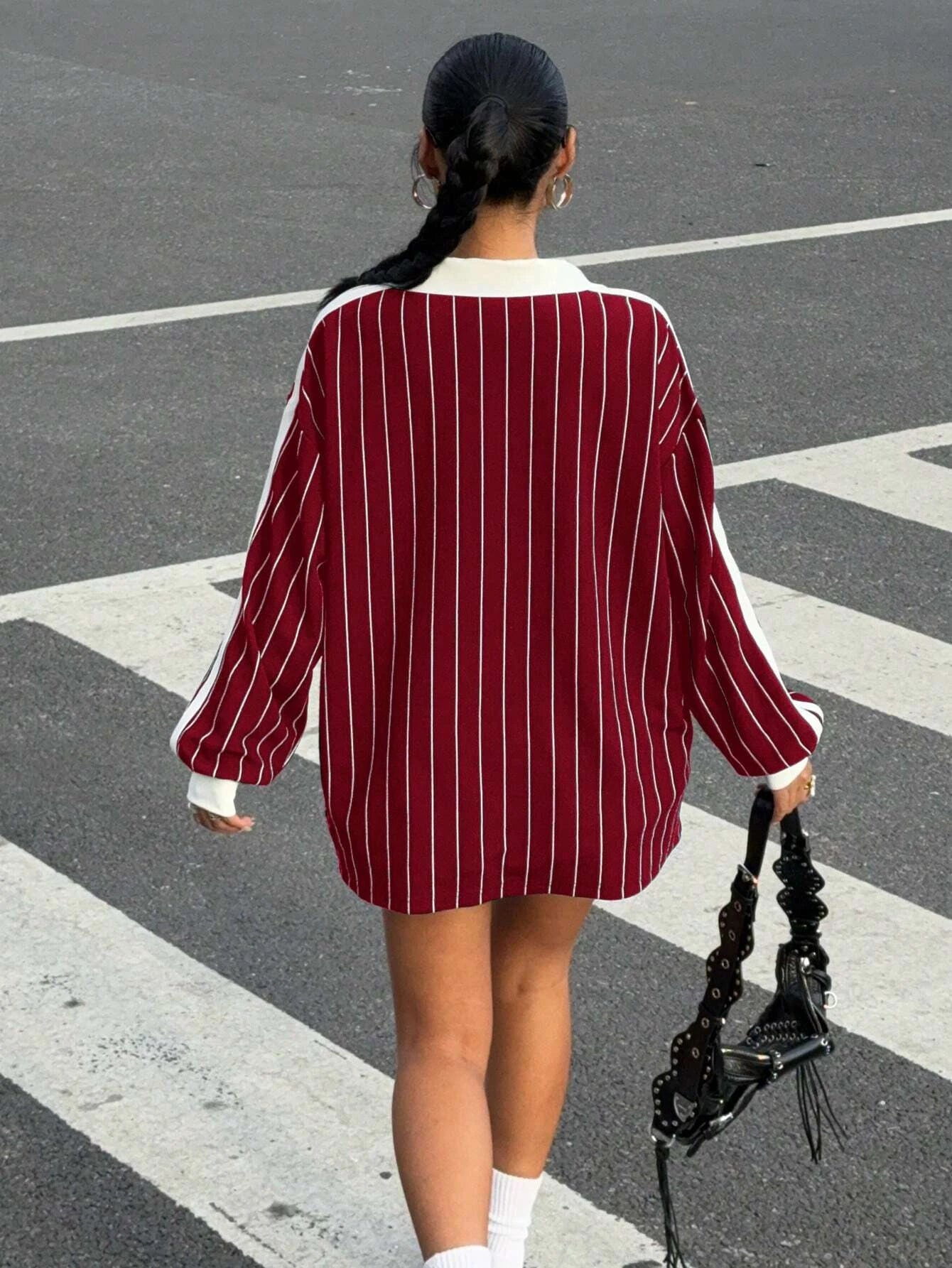 Women's Casual Striped Letter & Number Print Athletic Polo Collar Long Sleeve T-Shirt Drape Oversize Tops Streetweat Spring/Fall