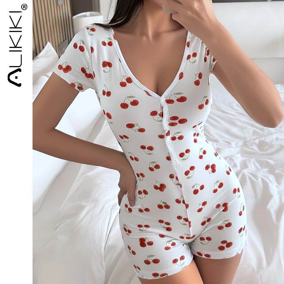 Cherry Print Onesie Pajamas – Sexy Bodycon Button-Up Romper by Novaleco