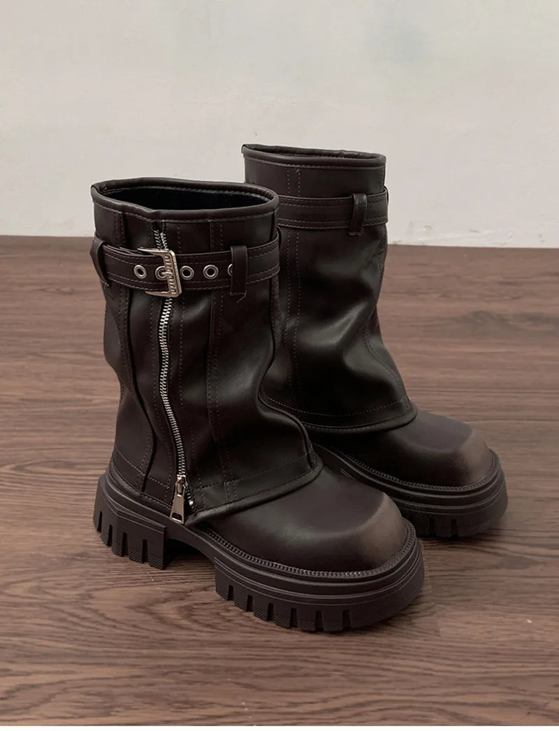 Winter Women Biker Boots Fashion Belt Buckle Ladies Elegant Platform Flats Short Booties Casual Women's Knight Booties