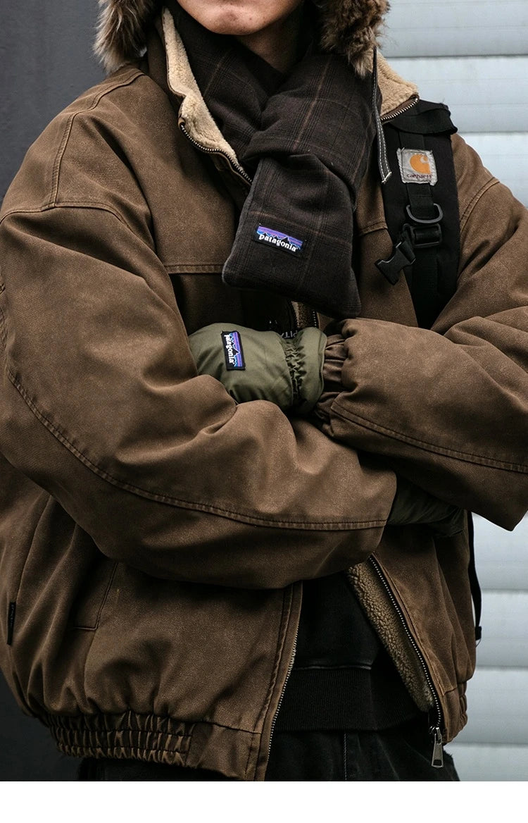 Winter Heavyweight Mens Jacket Japanese Vintage PU Coated Windproof Thick Fleece Lined Warm Distressed Streetwear Long Coat Male