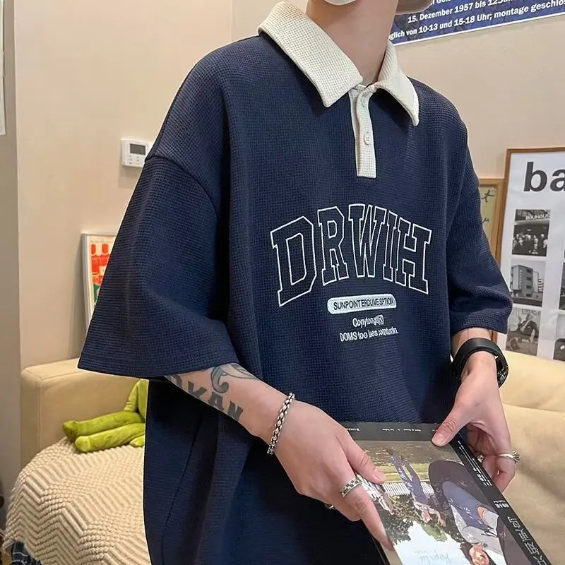 American Retro Lapel Polo Shirt Short Sleeved Men's Harajuku Casual Fashion Versatile Oversized Loose Versatile T-shirt