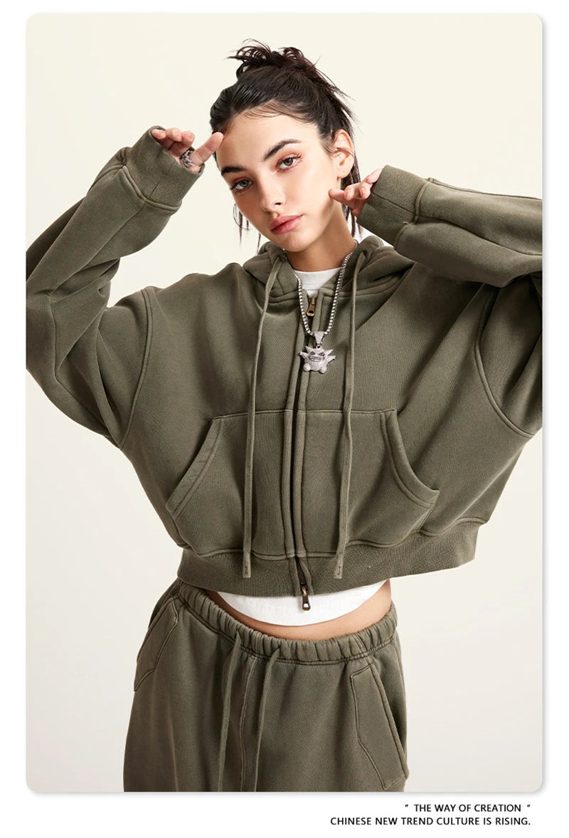 ZODF Retro 2025 Winter Women Short Zipper Hoodies Female Girls Loose 355gsm Thick Fleece Hooded Zip-up Coat Streetwears HY0448