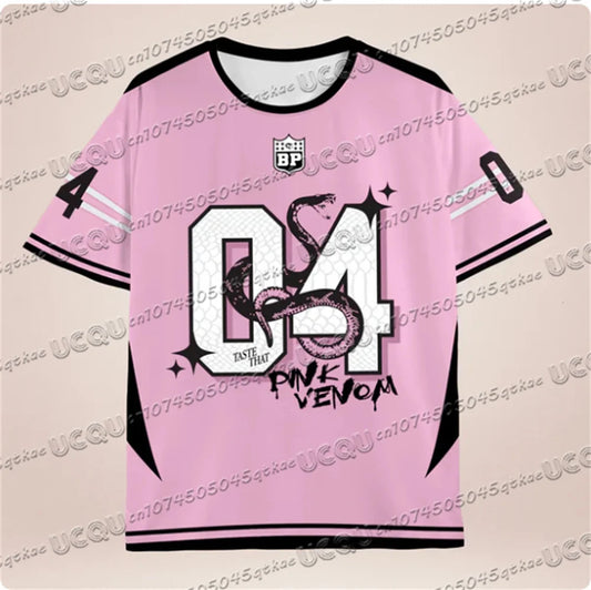 Pink Black Contrasting Snake Print Pattern Jersey T-Shirt For Summer Women'S Korean Girl Group Tee O-Neck Loose Casual Top