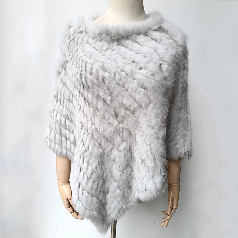 HSPL 2023 Spring Hot Sale Knitted Natural Fur Shawl  Fashion Rabbit Fur Cape Shawl Genuine Rabbit Fur Women Black Fur Poncho