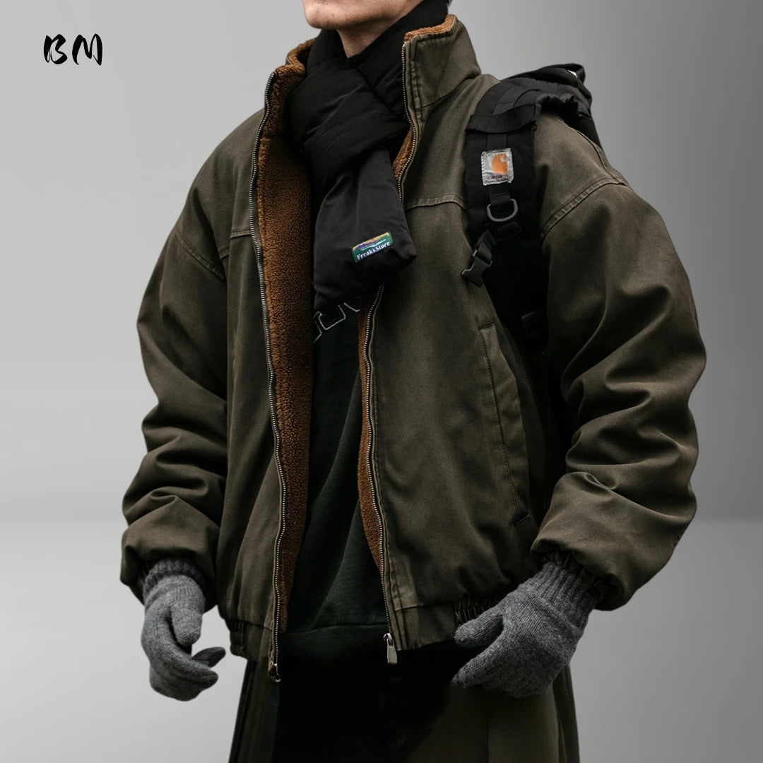 Winter Heavyweight Mens Jacket Japanese Vintage PU Coated Windproof Thick Fleece Lined Warm Distressed Streetwear Long Coat Male